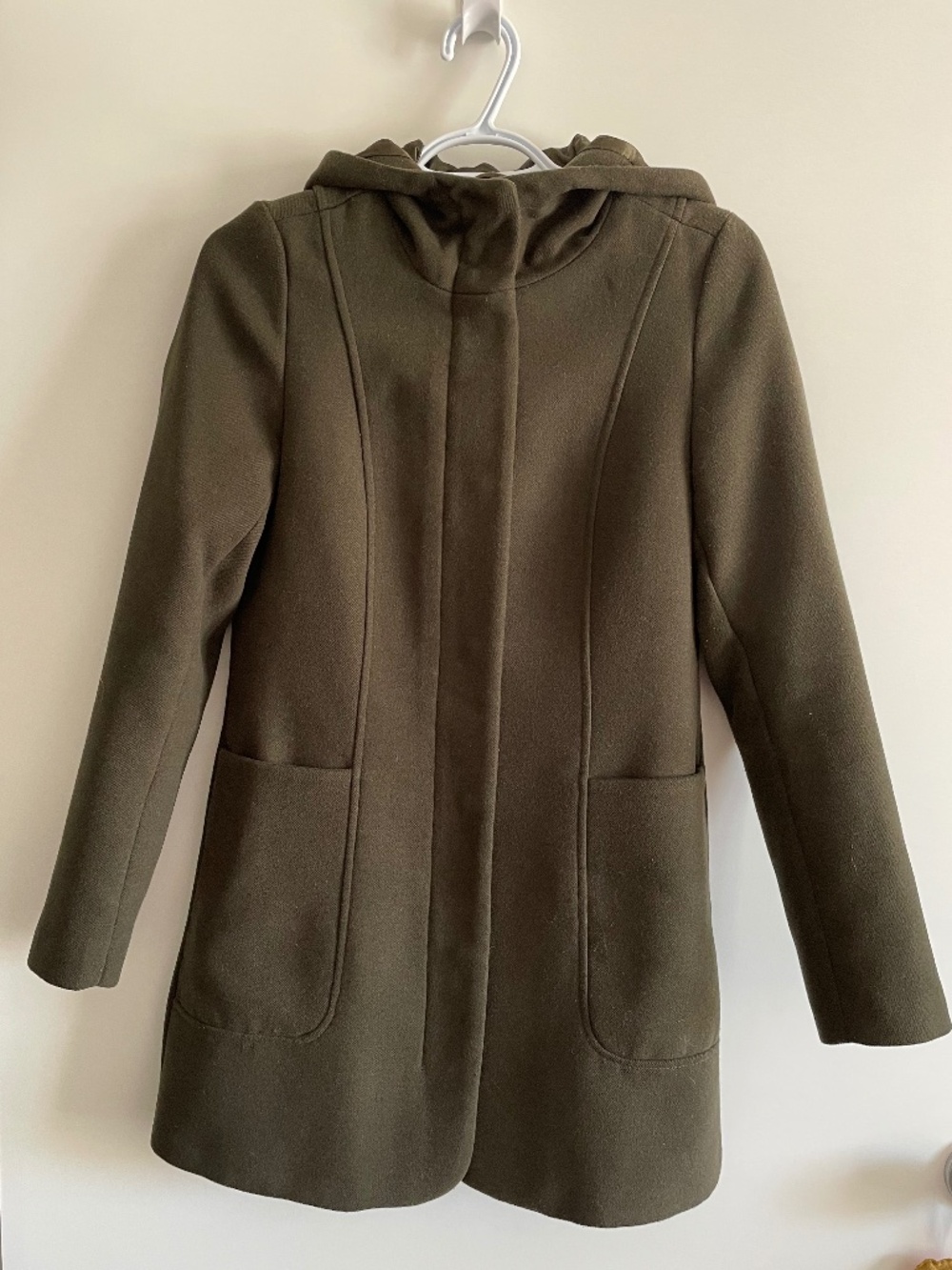 Reitmans Women’s Dark Army Green Lined Wool Coat Attached Hood Pockets X-Small
